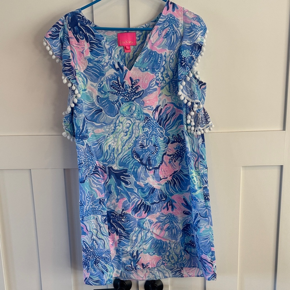 Lilly Pulitzer Blue and Pink Casual Dress with Pom-Pom Detail